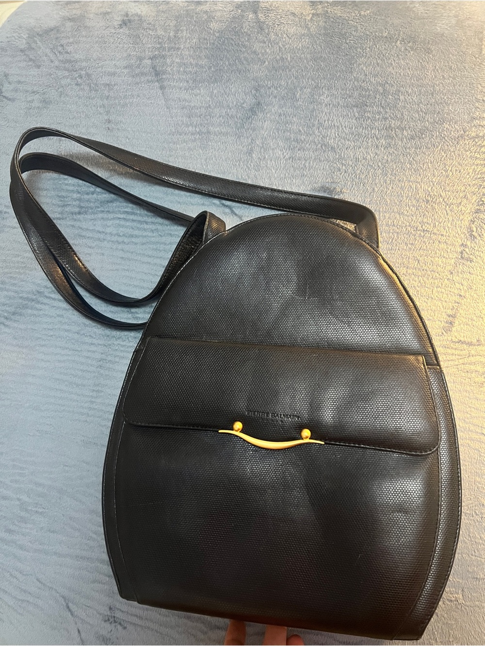 Pierre Balmain Black Leather Shoulder Bag with Gold Accent Bar
